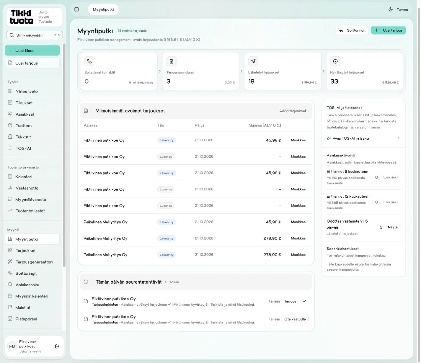 The Tikkituote ERP sales pipeline view: open quotes, quote statuses and the day's follow-up tasks.