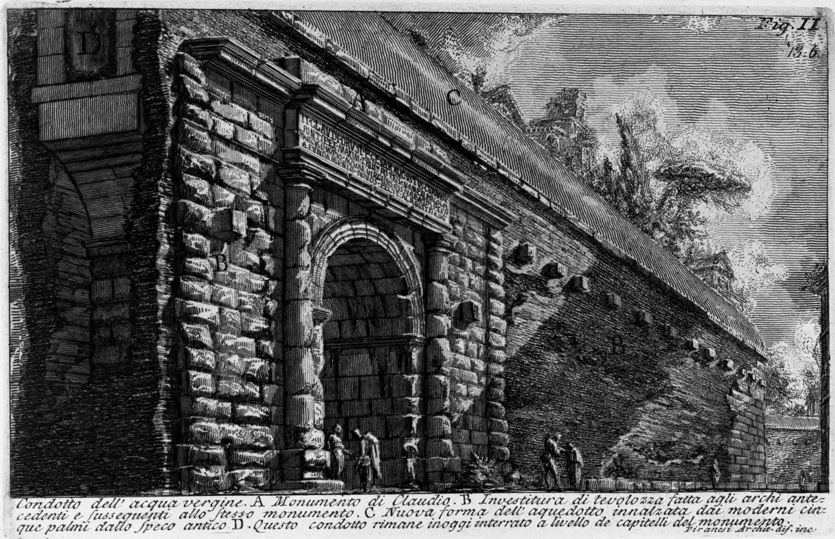 Etching of a Roman aqueduct conduit: an arched gate, rusticated stone and the long wall that carried the water.