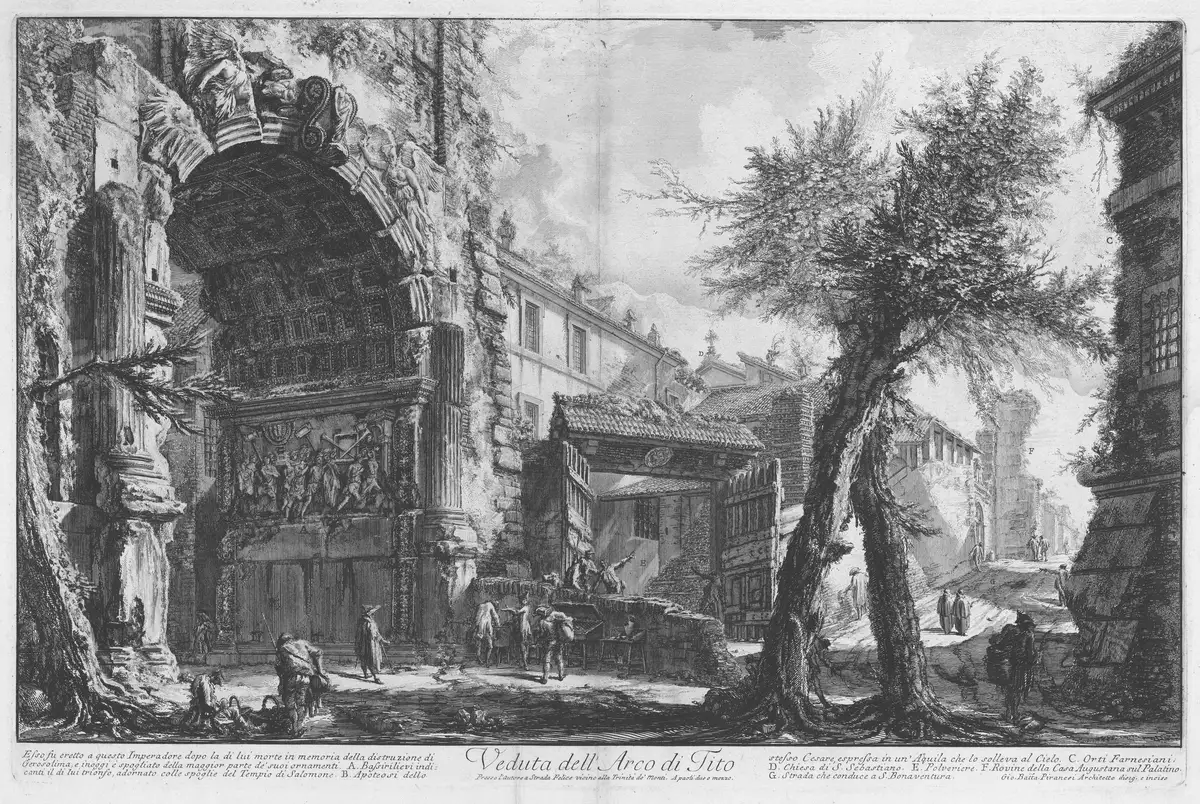 Etching of the Arch of Titus in Rome: the arch, its carved reliefs and the trees grown up along the lane.